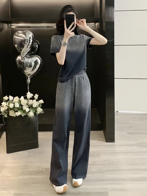 

Casual Sportswear Set Women's Summer Trendy Gradient Grey Short Sleeve T-Shirt Wide Leg Pants Two Piece Set