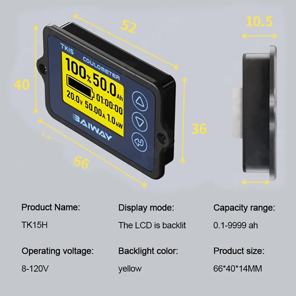 TK15H Battery Coulometer 8-120V 50A/100A/350A High Precision Battery Capacity Tester Voltage Current Power SOC Battery Monitor