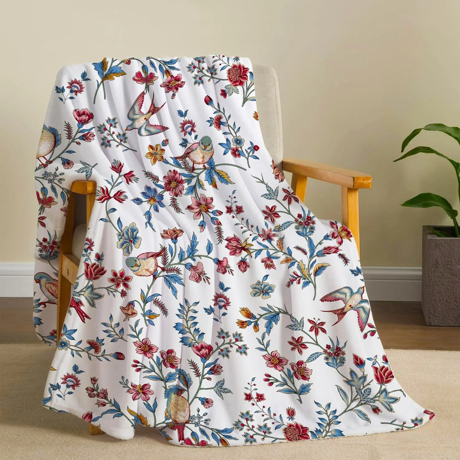 

Floral Bird Print Blanket Soft Microfiber Throw Cover White Background Colorful Flowers Birds Living Room Decor