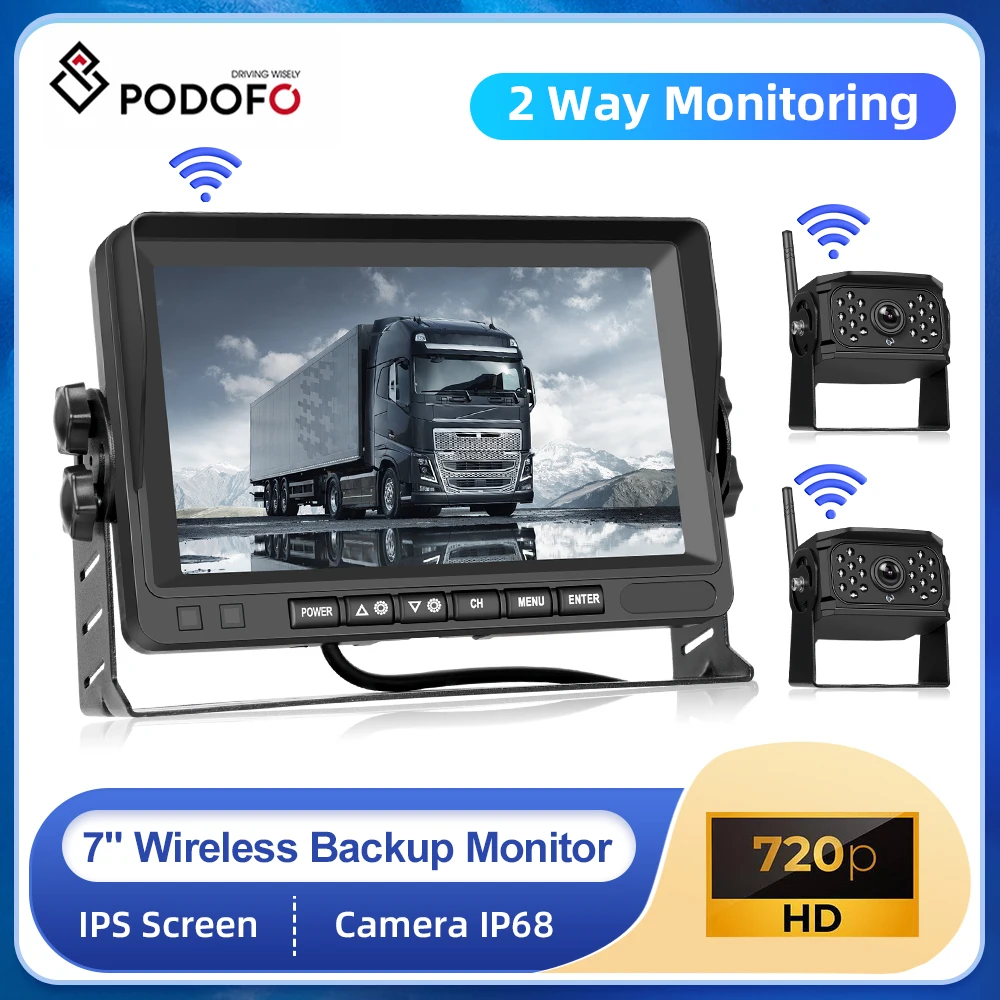 

Podofo 7inch IPS Screen Wireless Rear Camera Backup Monitor Anti-interference Long Range with 2 Cameras Vehicle Camera For Truck