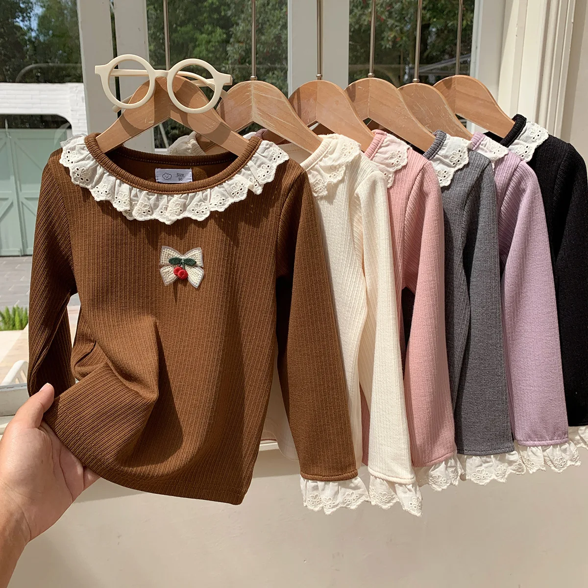 2-8T Toddler Kid Girls Long Sleeve T-shirt Lace Ruffle Collar Cherry Bow Kids Ribbed Top Autumn Baby Girl Casual Blouse
