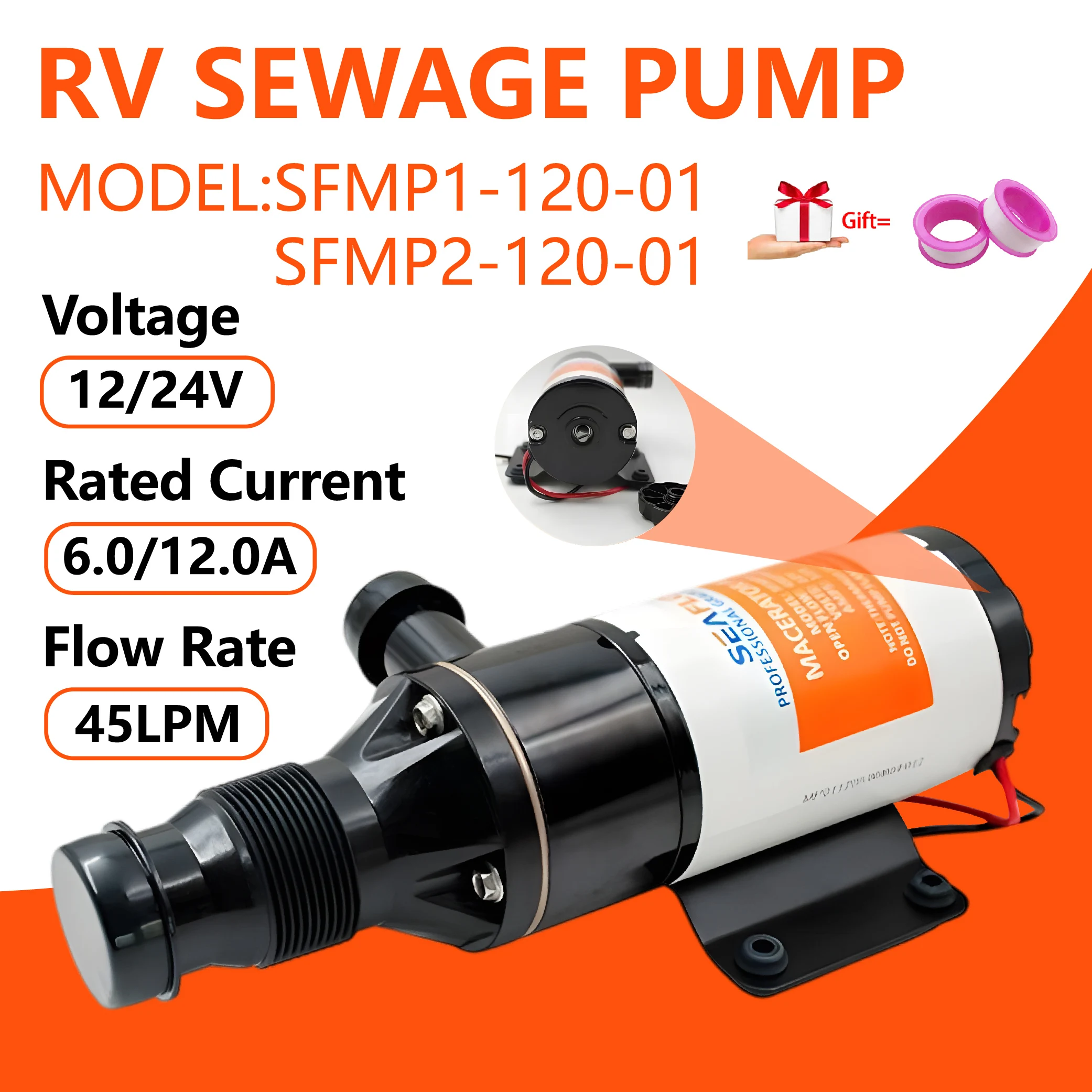 

DC12/24V 45LPM 1.2M Suction Height Sewage Pump, Electric Fan-blade, for Camper Van Toilet Sewage Pump, Stainless Steel Impeller