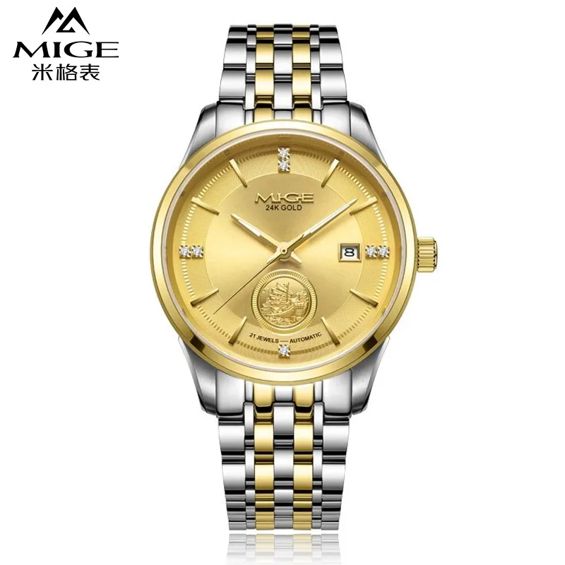 MIGE Original Miyota Automatical Mechanical Watch for Couples Calendar Diamond Sapphire 24K Gold Stainless Steel Wristwatch