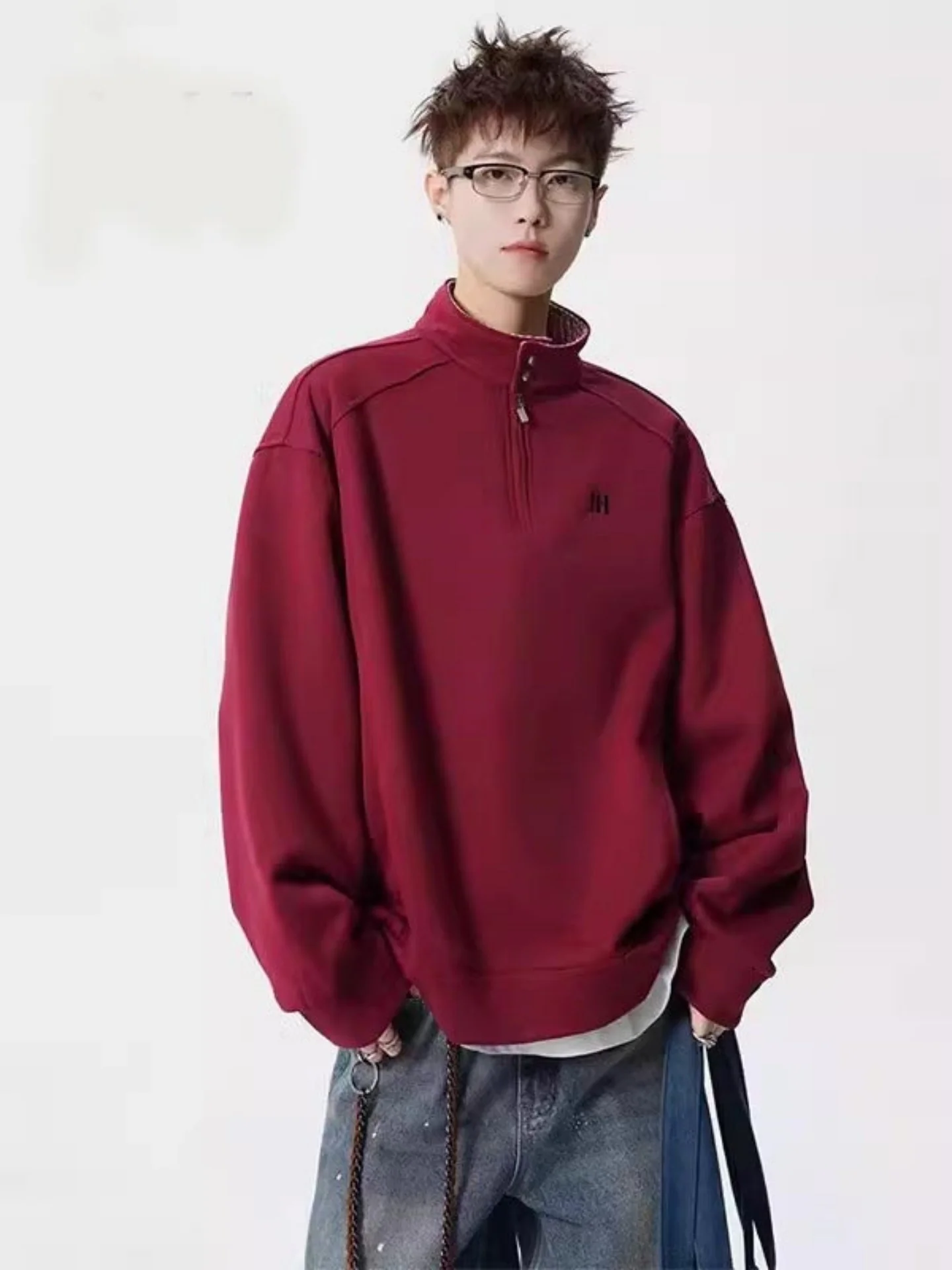 

Мужская толстовка на молнии с воротником-стойкой цвета красного вина, повседневная, базовая, свободного кроя, весенняя, модная, простая, стильная