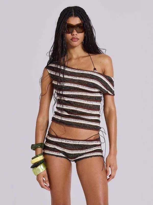Conjunto de Punto a Rayas con Bloques de Color Jadedlondon, Top Asimétrico, orts Cortos para Mujer, Atuendo de Verano, Fibr...