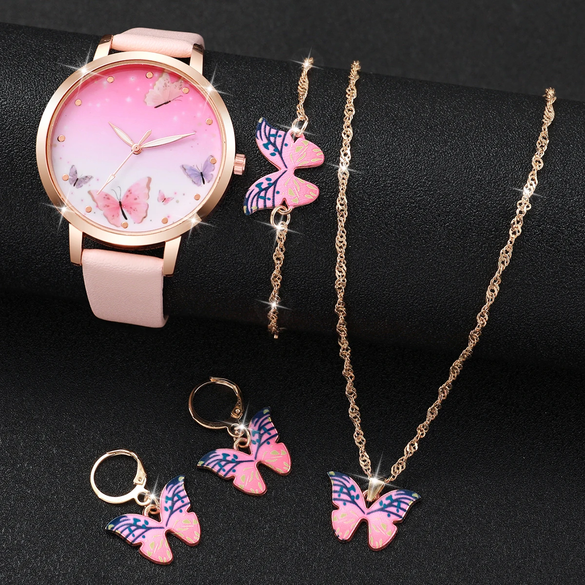 5PCS/Set Women\'s Watch Fashion Butterfly Dial Leather Band Quartz Watches Jewelry Set(Without Box)