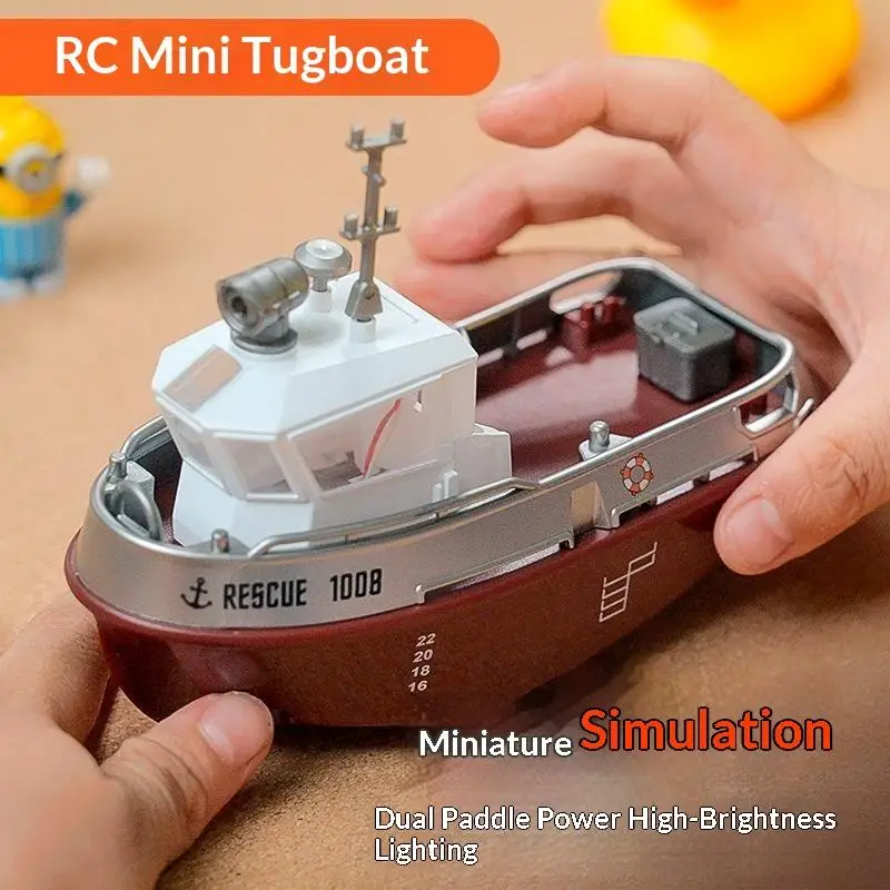 1:32 Mini RC Tugboat Toy Rechargeable High Speed Remote Control Boat With LED Light Electric Watercraft Model Toys For Kids Gif