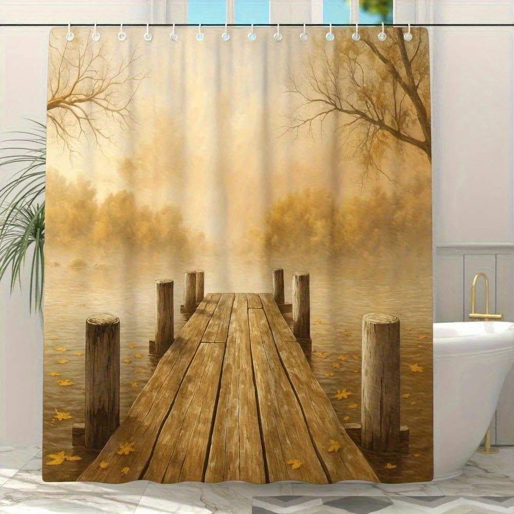 

Осенняя шторка для душа с изображением деревянного причала, туманного озера и падающих листьев для создания умиротворяющего декора ванной комнаты в стиле природного пейзажа, 12 крючков