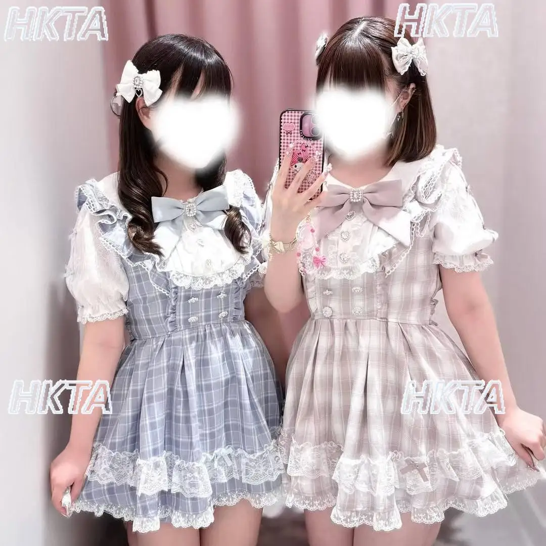 Japanese Style Doll Collar Plaid Bow Dress and Shorts Set 2026 Summer New Cute Short Sleeve Plaid Dress 2-piece Set Women Outfit view 4