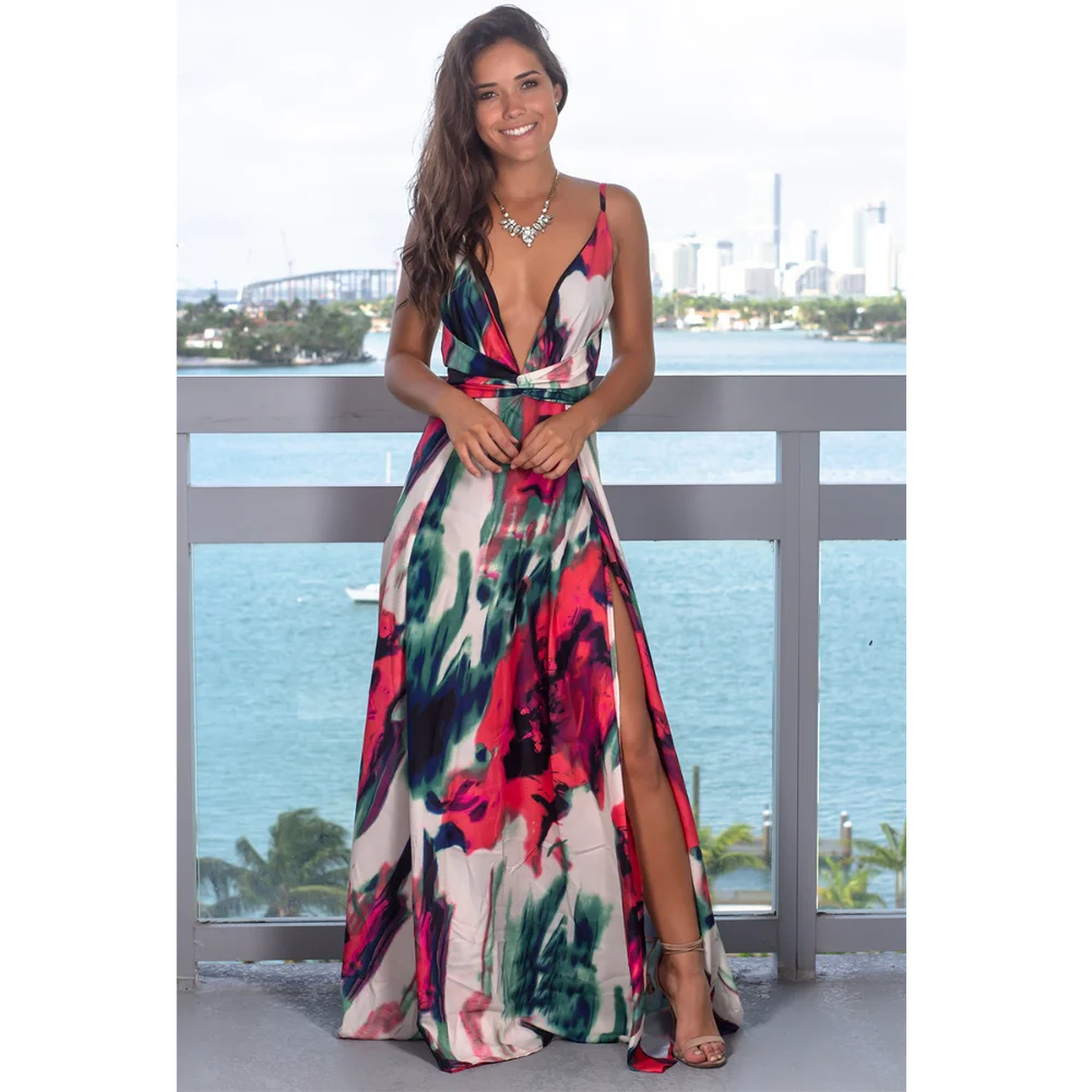 

Spring Summer Sexy Casual Women Long Vestido High Waist V-Neck Open Back Sleeveless Holiday Beach Dress Sling Print Robes Halter