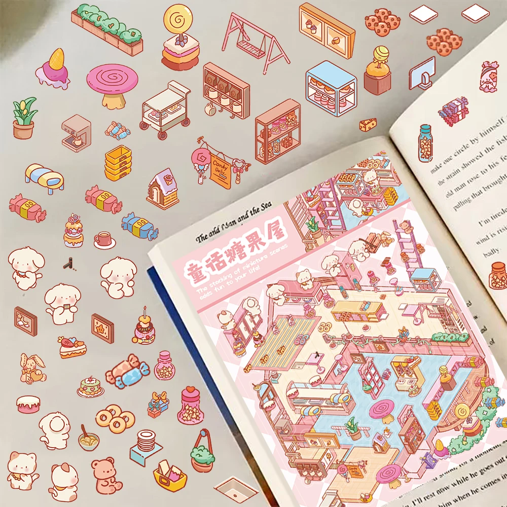 Kawaii Cartoon Fairy Tale Candy House Landscaping Stickers Stacking and Pasting Hand Account Creative Gift Suitcase Creative