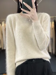 2024 New Women Basic O-neck Pullover Sweater 100% Mink Cashmere Long Sleeve Cashmere Knitwear Autumn Winter Female Clothing Tops