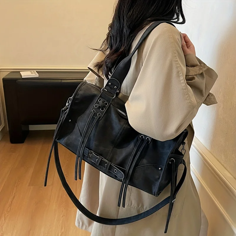 1PCS Slouchy Shape Metal Hardware Decor Soft PU Tote Bag Sweet Cool Style Ladies Crossbody Purse For Casual Shopping Outing