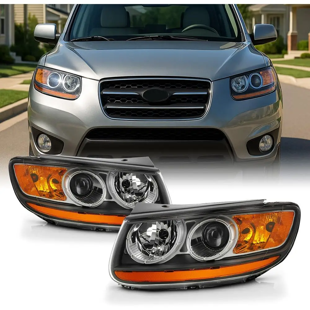 

- Fits Santa Fe Black Headlights Head Lamps Driver Left + Passenger Right Side Replacement Pair Set
