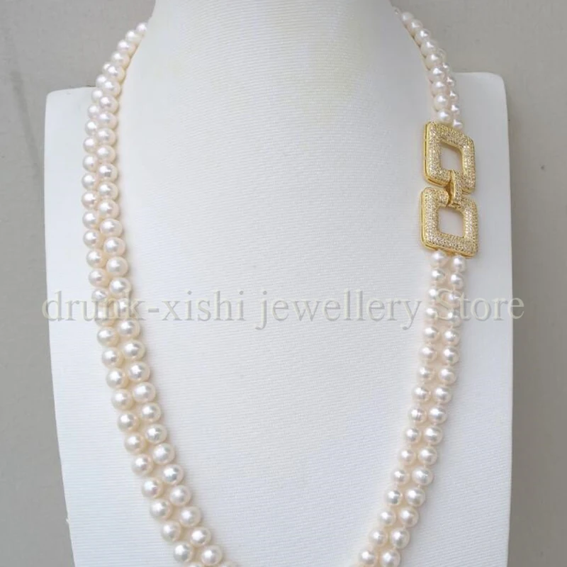 

Two Strands AAA 6-7mm High Quality Akoya White Real Natural Pearl Necklace 24-25in Dainty Clasp Suitable For Any Occasion