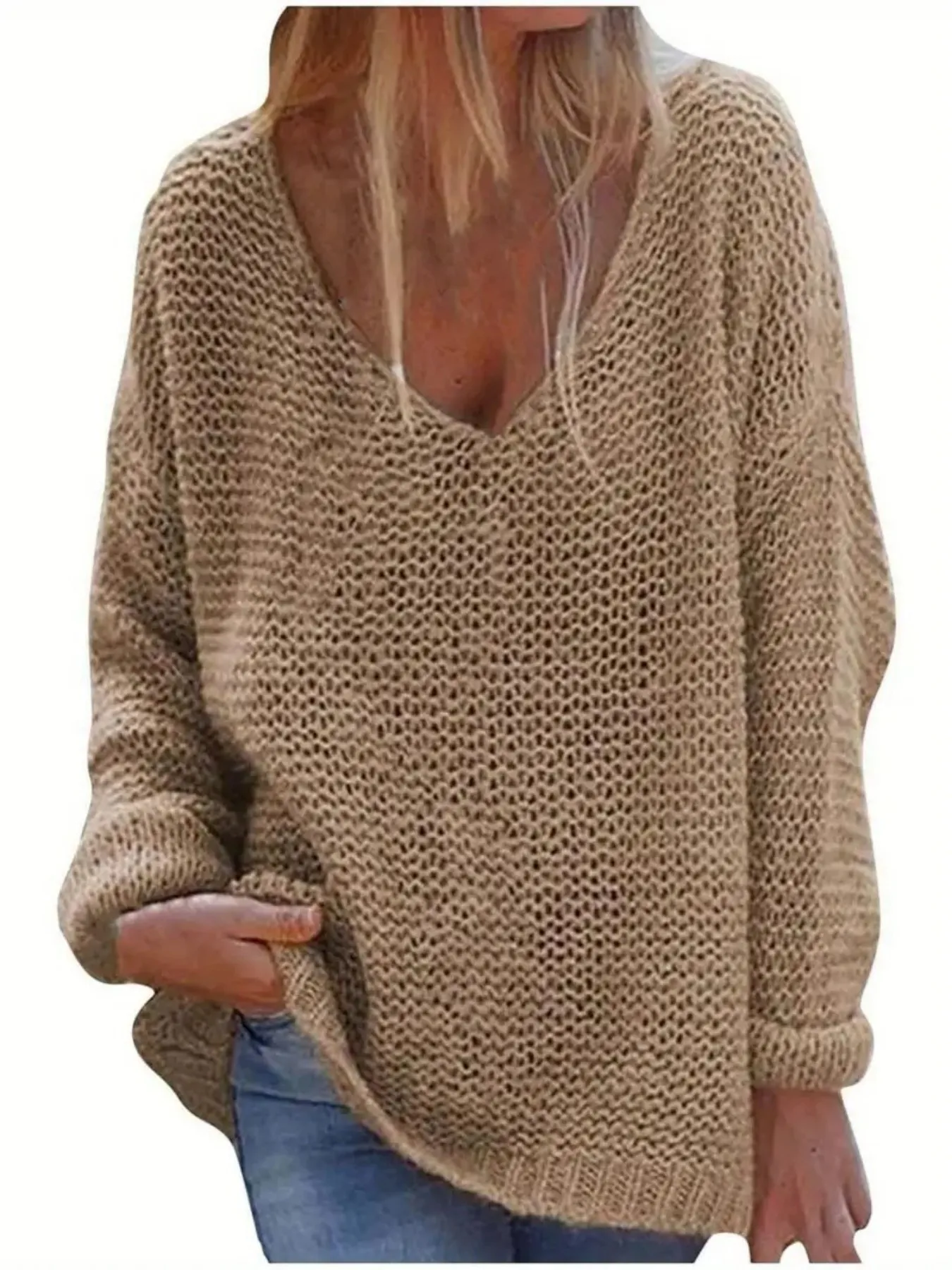 بلوفر فضفاض برقبة على شكل حرف V للسيدات، سترة علوية بأكمام طويلة بلون سادة، أزرار أمامية محبوكة كاجوال #2