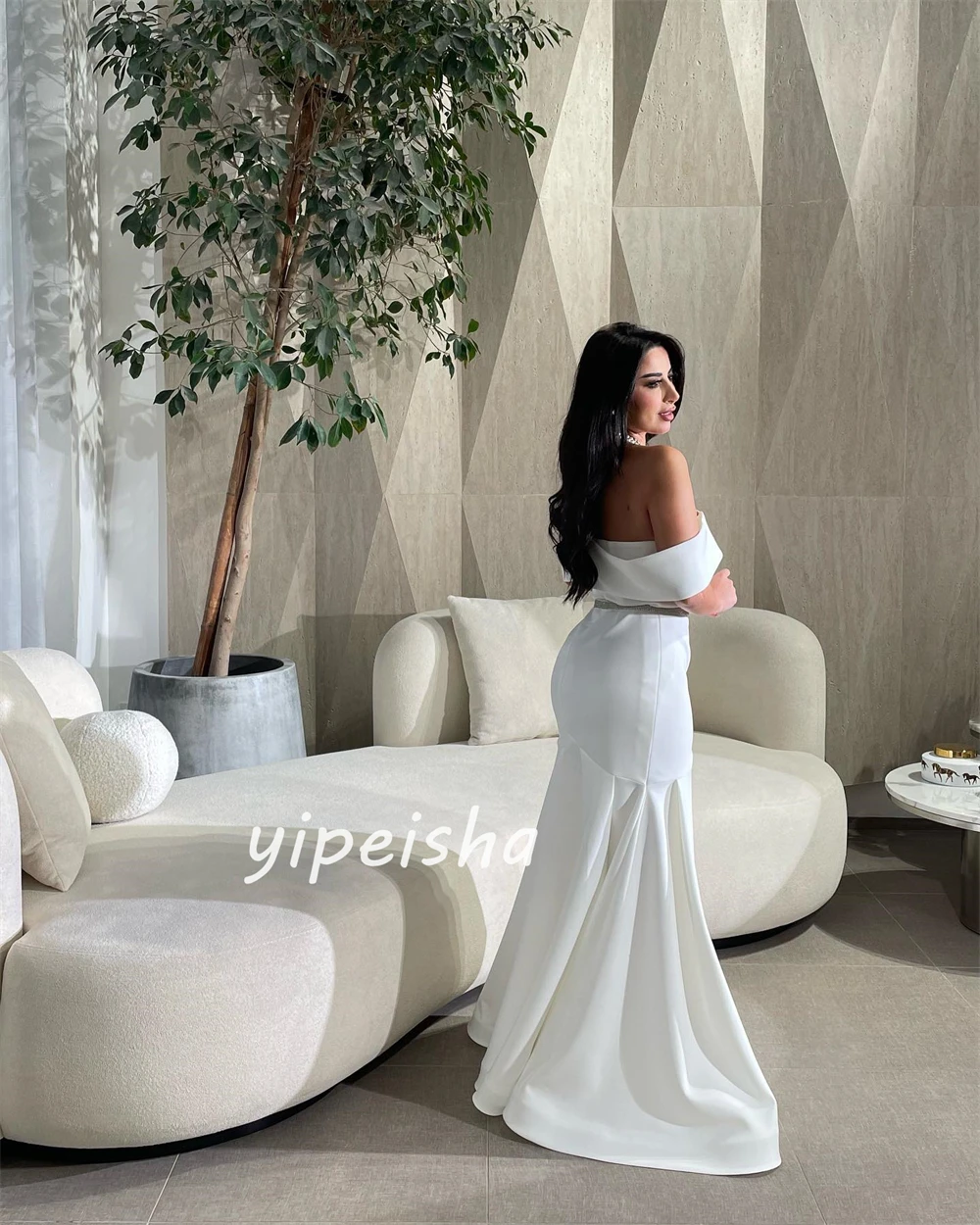 Jersey Flower Beading Ruched Celebrity Mermaid Off-the-shoulder Bespoke Occasion Gown Long Dresses