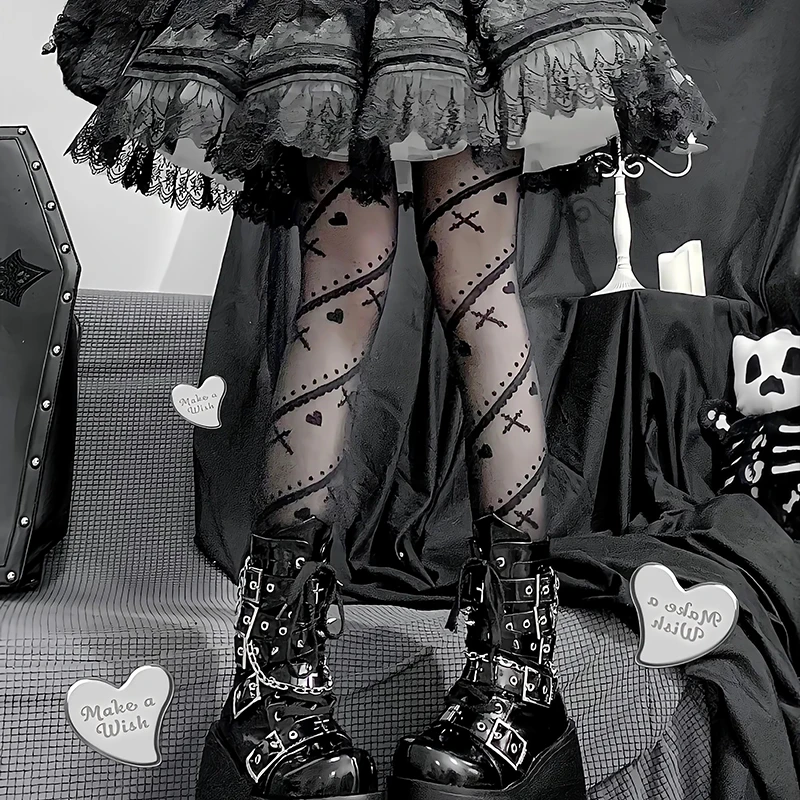 Japanese sweet cool girl pantyhose jk black socks women's spring summer love striped printed stockings black silk lolita