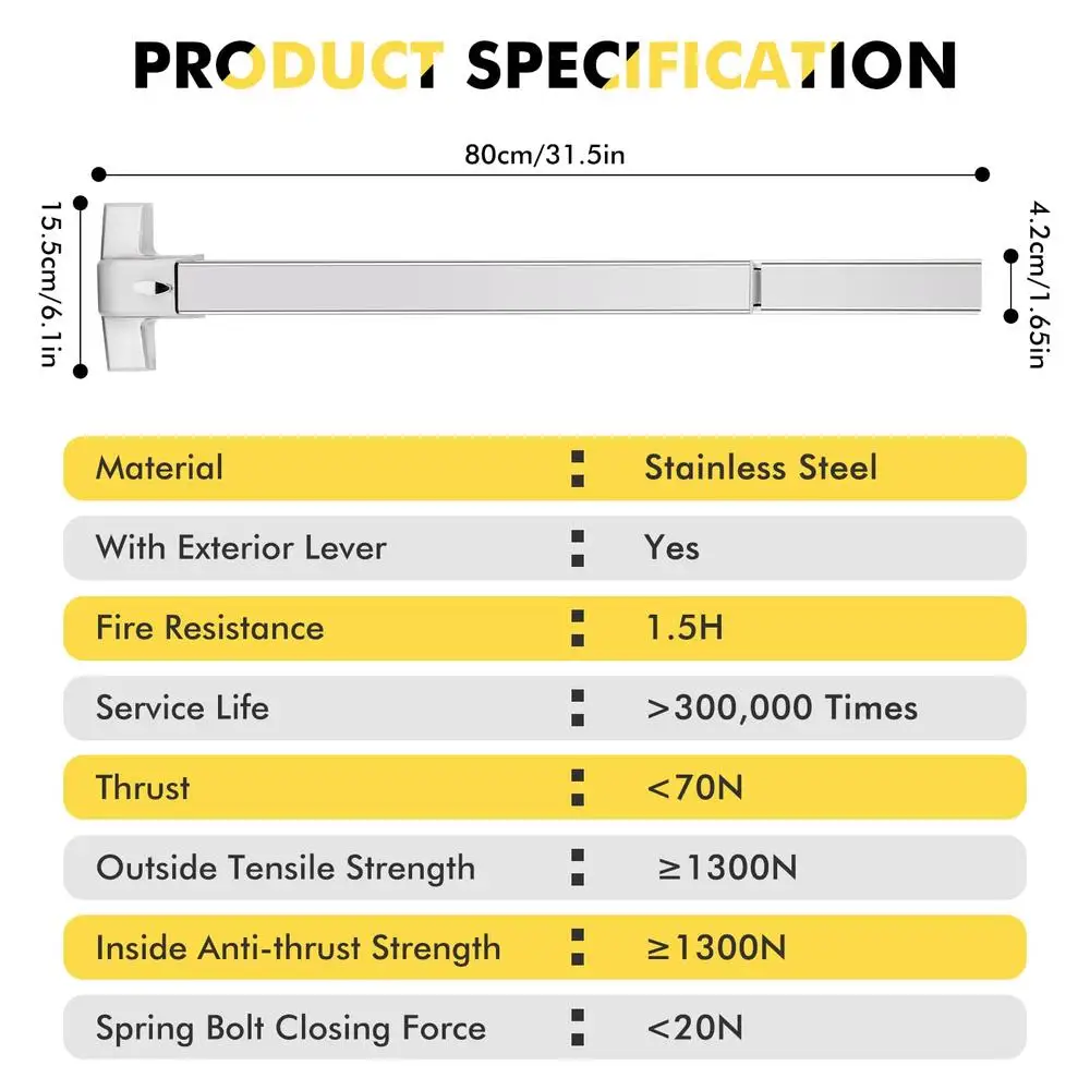 Dispositivo de salida de emergencia Barras de pánico de acero inoxidable de 31,5 pulgadas Dispositivo de salida comercial con palanca exterior y 6 llaves Compras en hoteles