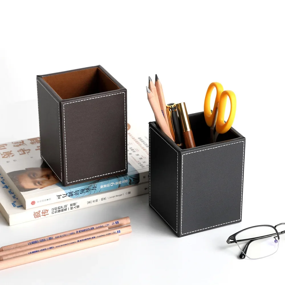 Retro Leather Round Pen Holder Desktop Stationery Sundries Storage Tube Office Supplies Finishing Storage Tank Desktop Organizer