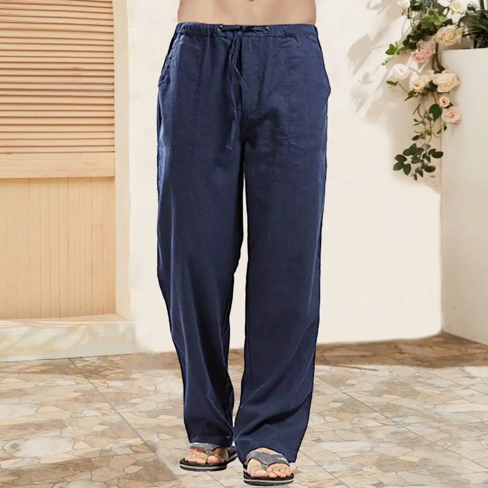 Lightweight Bottoms with Pockets Men's Cotton Linen Casual Trousers with Elastic Waist Pockets for Travel Beach for School