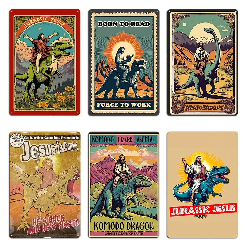 Lizard Lover Funny Lord Jesus Riding Komodo Dragon Animals in the Jurassic Period Metal Rusty Wall Decor Mural Tin Sign Poster