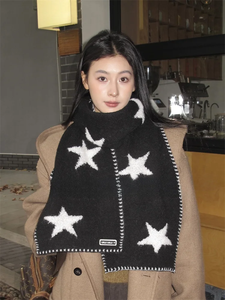 暖かいニット星柄スカーフ韓国風ユニセックス冬用アクセサリー学生やカップル向け多用途スタイリッシュなネックウォーマー