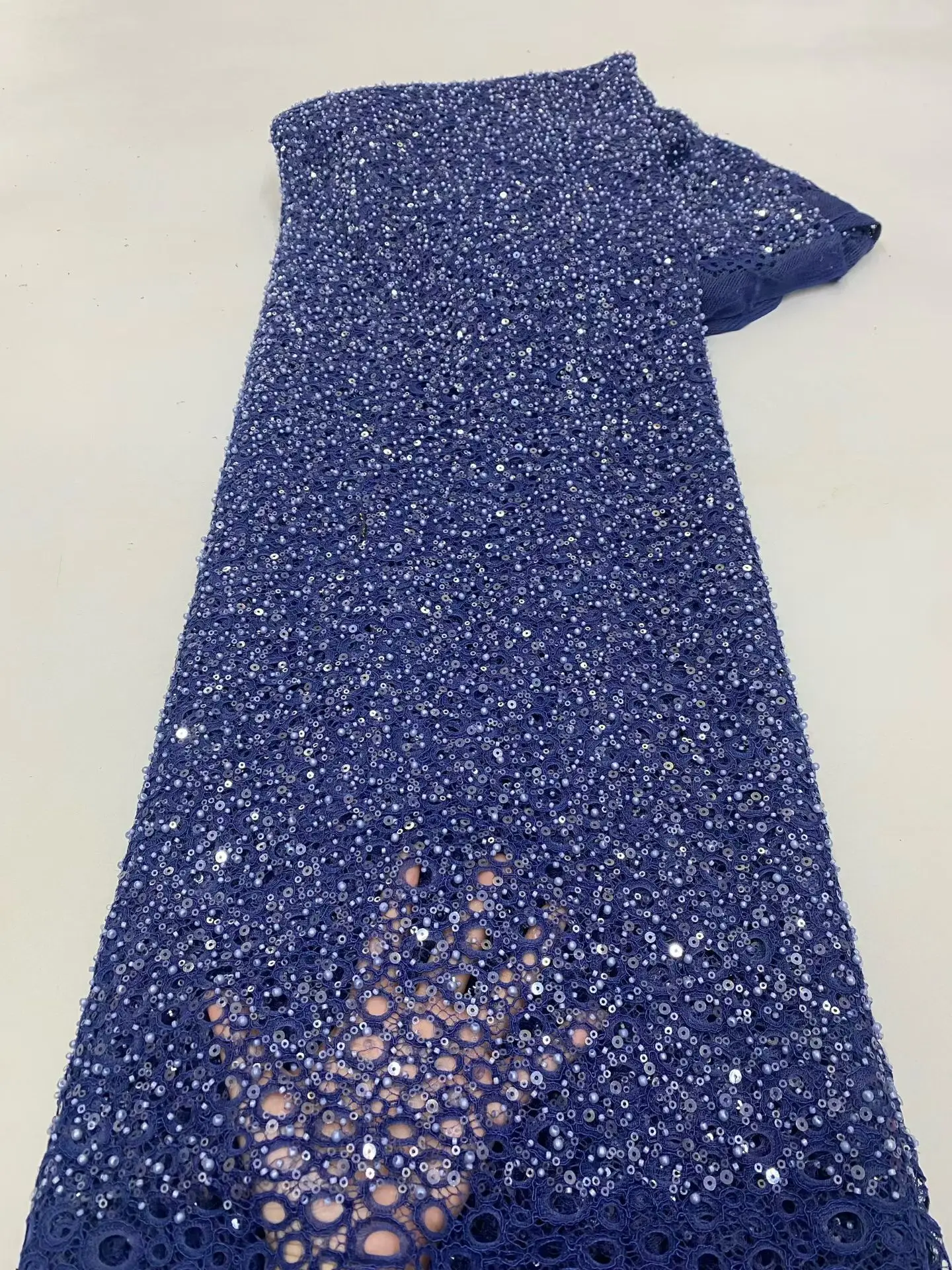 

Navy blue color Lace Fabric French Sequins 5 yards African Beaded Lace Fabric Fashion Nigerian Lace Fabric 2026 High Quality Dre