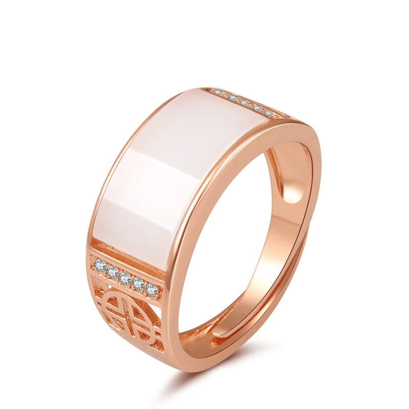 

Hetian White Jade S925 Colored Silver Gilded Long Open Square Ring Adjustable Men and Women