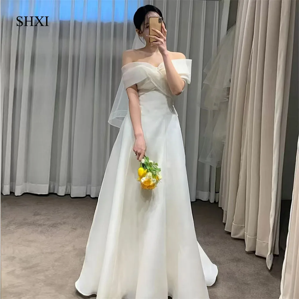 

SHXI Modern Off Shoulder Korea Wedding Dresses Short Sleeve Satin Organza Photos Shoot Dress Corset Long Bridal Gown Customized