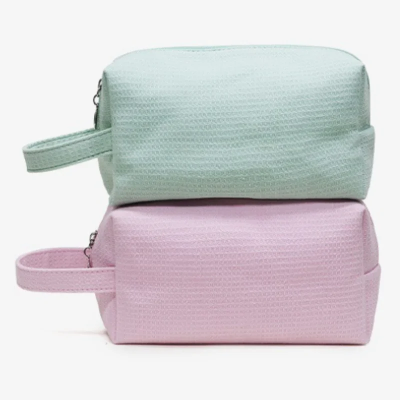 Pure Cotton Waffle Cosmetic Bag, Aesthetic Large Capacity Handheld Makeup Pouch, Portable Ideal for Travel Toiletry Organizer