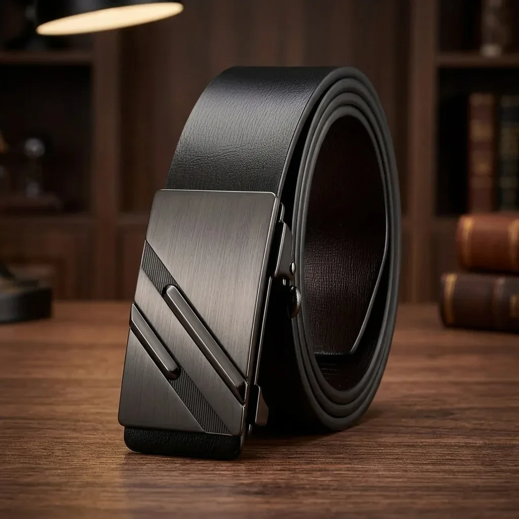 Fashion Geometric Alloy Automatic Buckle Men Belt Wear Resistant Faux Leather Waist Strap Adjustable No Hole Business Casual Belt Gift For Father Husband