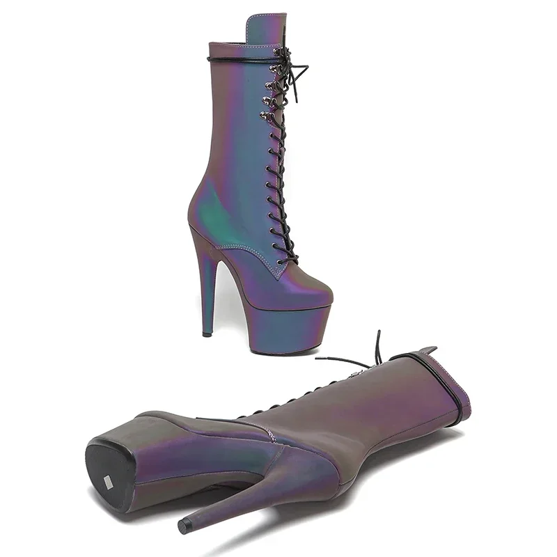 Leecabe 17CM/7inches PU upper Reflective material Pole dancing shoes High Heel platform Boots Pole Dance boot