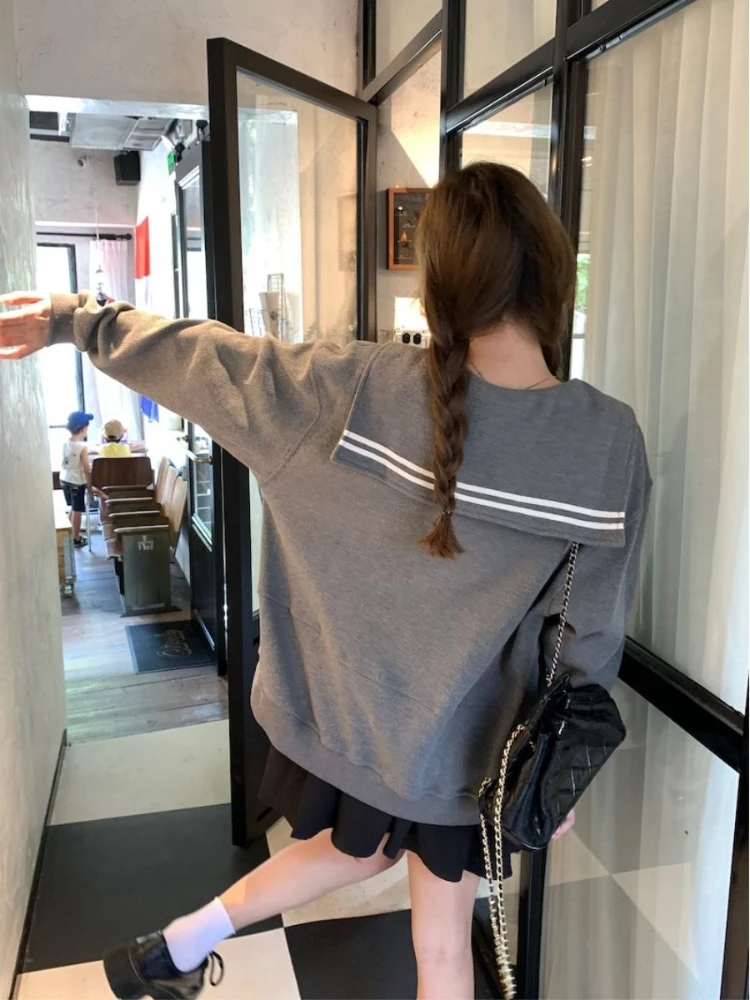 

Preppy Style Hoodies Sailor Collar Striped Contrast Color Long Sleeve Pockets Zipper Sweatshirt Casual Loose 2025 Women Clothing