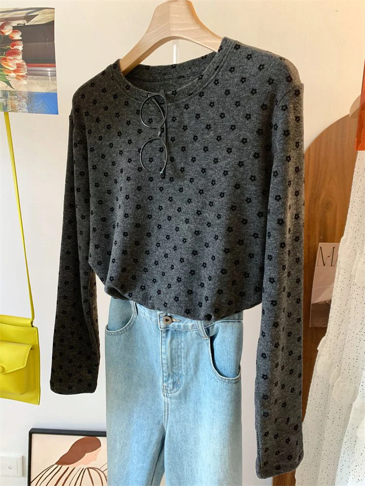 تي شيرت كوري فريد من نوعه بطبعة زهور عتيقة طويلة Sve تي شيرت ex كاجوال متعدد الاستخدامات بطبقة أساسية لربيع الخريف #1