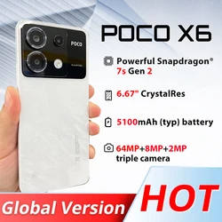 POCO-teléfono inteligente X6 5G versión Global, 256GB/512GB, Snapdragon 7s Gen 2, Pantalla AMOLED de flujo de 120Hz, cámara de 64MP, NFC