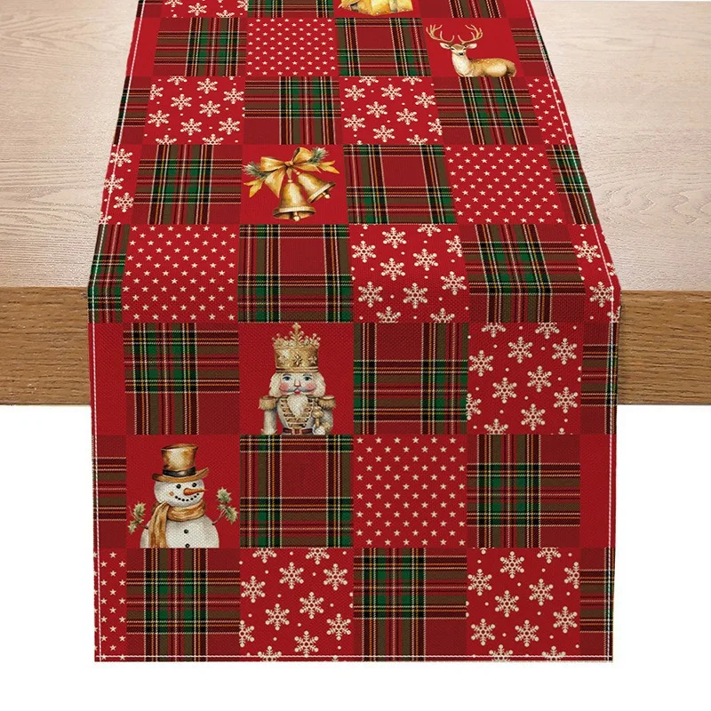 VIKAMA Red Green Tartan Plaid Teddy Bear Table Runner Seasonal Dining Scarf for Dining Room Kitchen Winter Holiday Home Decor