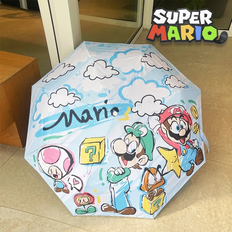 Super Mario Bros Anime Automatic Umbrella Cartoon Black Coating Parasol Anti-UV 3 Folding Wind Resistant Women Men Sunshade Gift