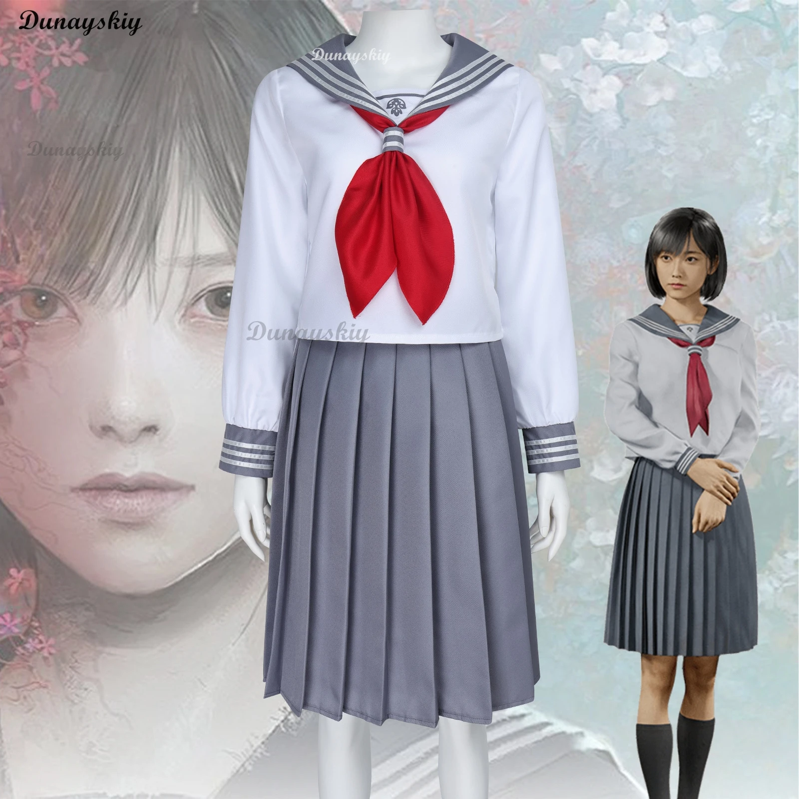 أزياء هيناكو شيميزيو الصامتة التأثيرية للنساء زي مدرسي علوي تنورة ربطة عنق جورب شعر مستعار لعبة هيل الهالوين لعب الأدوار