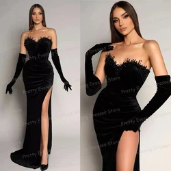 Modern Black Evening Dresses Woman's Mermaid Sexy Beads Strapless High Split Prom Growns Sleeveless Celebrity Vestidos Gloveless