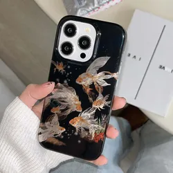 FULL COVERAGE Gold carp fish glitter lucky phone case for iphone 16 15 pro max 12 13 14 promax back cover