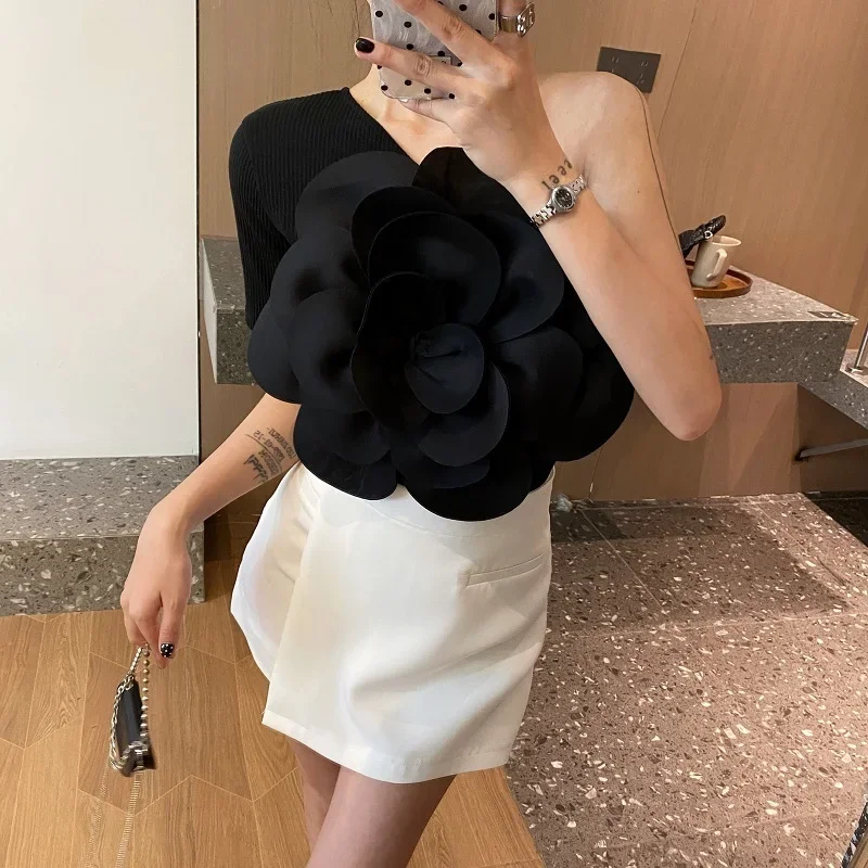 2024 New Summer Vest Women Three-dimensional Flowers Patchwork Slim Off-shoulder Backless Sleeveless Suspender Female