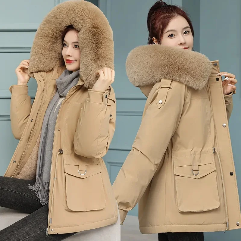 

2023 New Women Thickened Detachable Lined Big Fur Snow Parka Cotton Padded Hooded Down Coat Cashmere Medium Length Winter Jacket