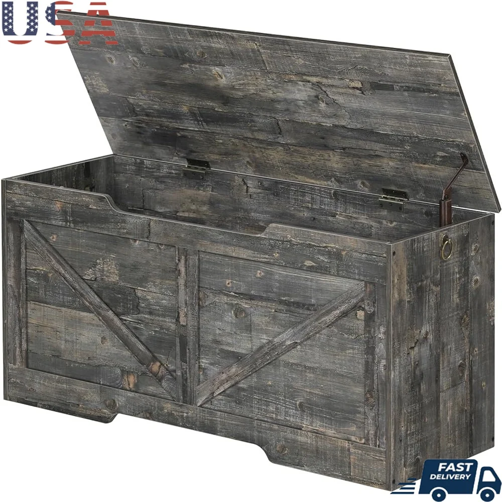 

39,4-дюймовая деревянная скамейка для хранения в стиле ретро, U-образная вырезная безопасная петля, коробка для игрушек, простая сборка, гостиная, спальня, дети