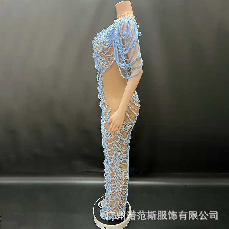 Design Wool Circle Nude Mesh Temperament Long Dress Model Catwalk Fashion Women's Party Dress Vestidos De Fiesta Elegante Señora