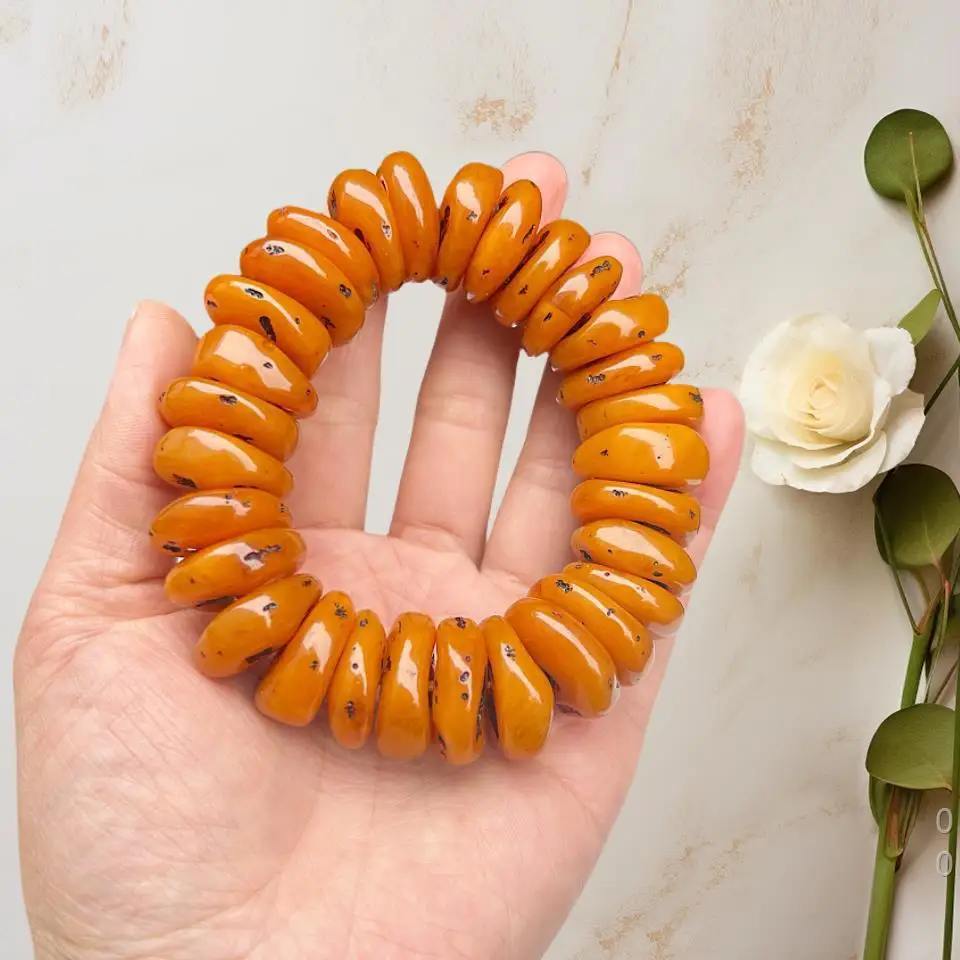 Natural Amber Beeswax Bracelet, Chicken Fat Yellow Old Beeswax, Tibetan Button & Flat Bead Stretch Bracelet