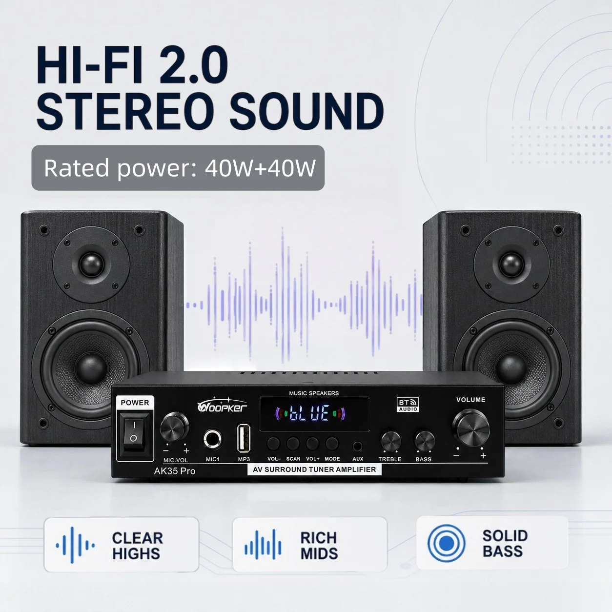 Woopker Audio-Verstärker AK35 Pro 2.0-Kanal 40W+40W Bluetooth HiFi-Leistungsverstärker Karaoke-Musikplayer unterstützt Bass-Surround. – Detail 3