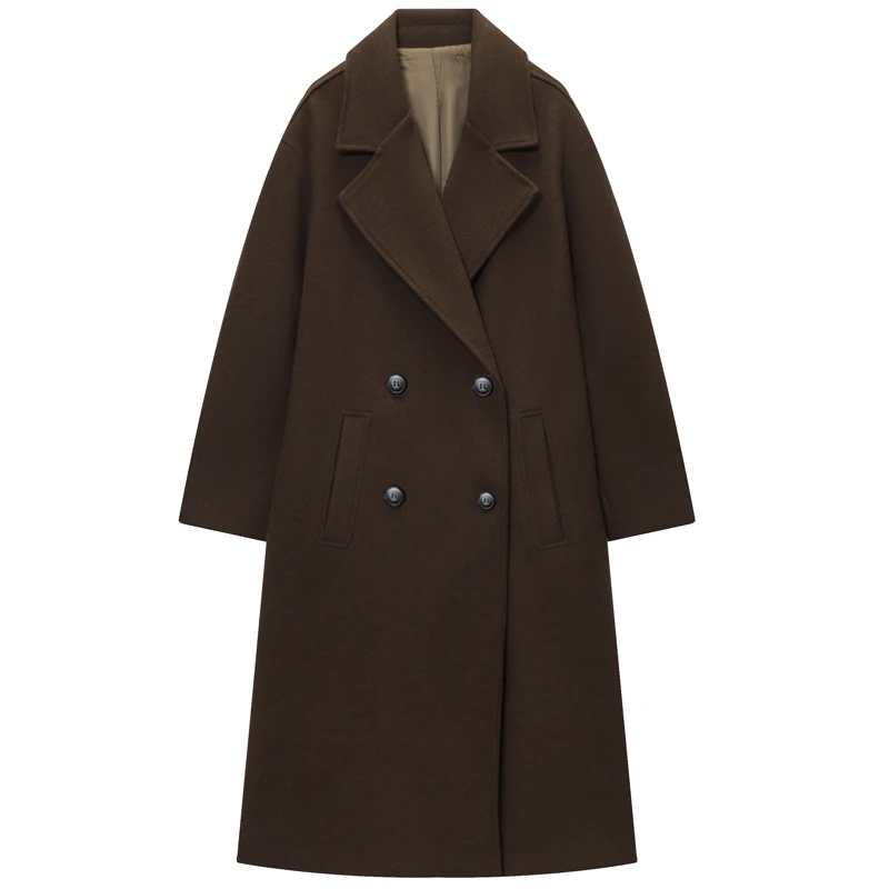 HXAO Bruine Tweed Outerwears Dames Demi-Seizoen Jas 2025, Oversize Double-Breasted Lange Jas Vrouw Kantoor Lange Mouw Overjas