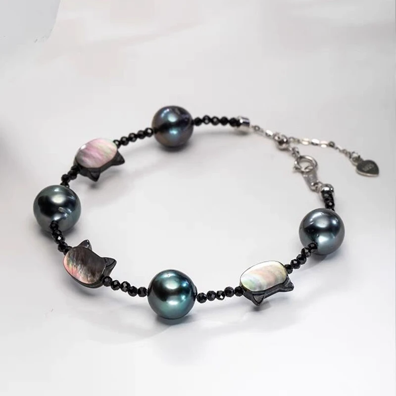 100% Natural Seawater Tahiti Black Pearl Baroque Bracelet Black Crystal Stone with Sweet Cool Fritillaria Cat Head Bead Chain