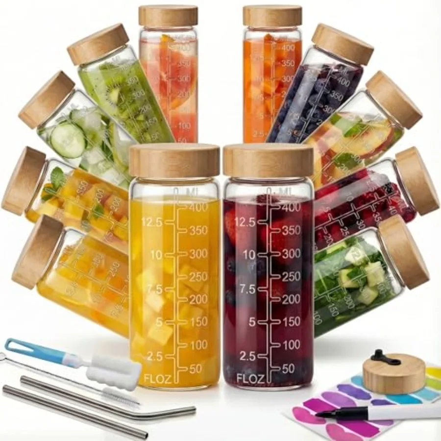 

Круглые стеклянные бутылки для сока объемом 16 унций с крышками, набор из 12 штук, многоразовые контейнеры для сока с бамбуковыми крышками, стеклянные банки для сока с 4 трубочками.